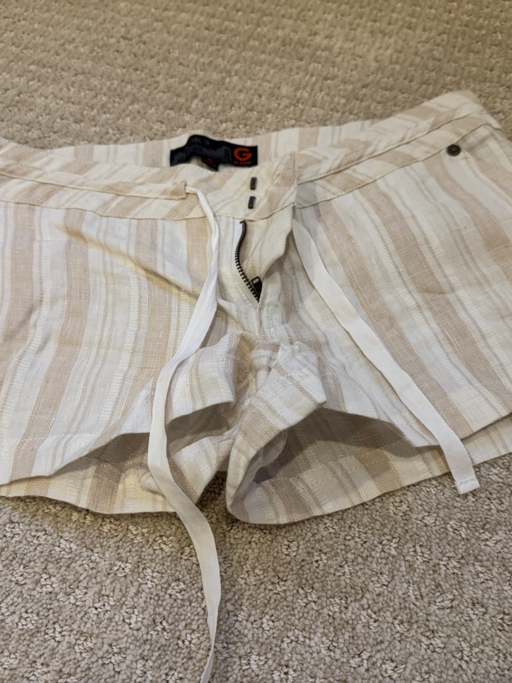 G by Guess Beige and Cream Striped High-Waist Shorts